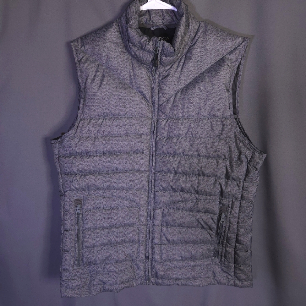 Nautica Mens Herringbone Packable‎ Vest Gray Size Medium Down Filled Gorpcore